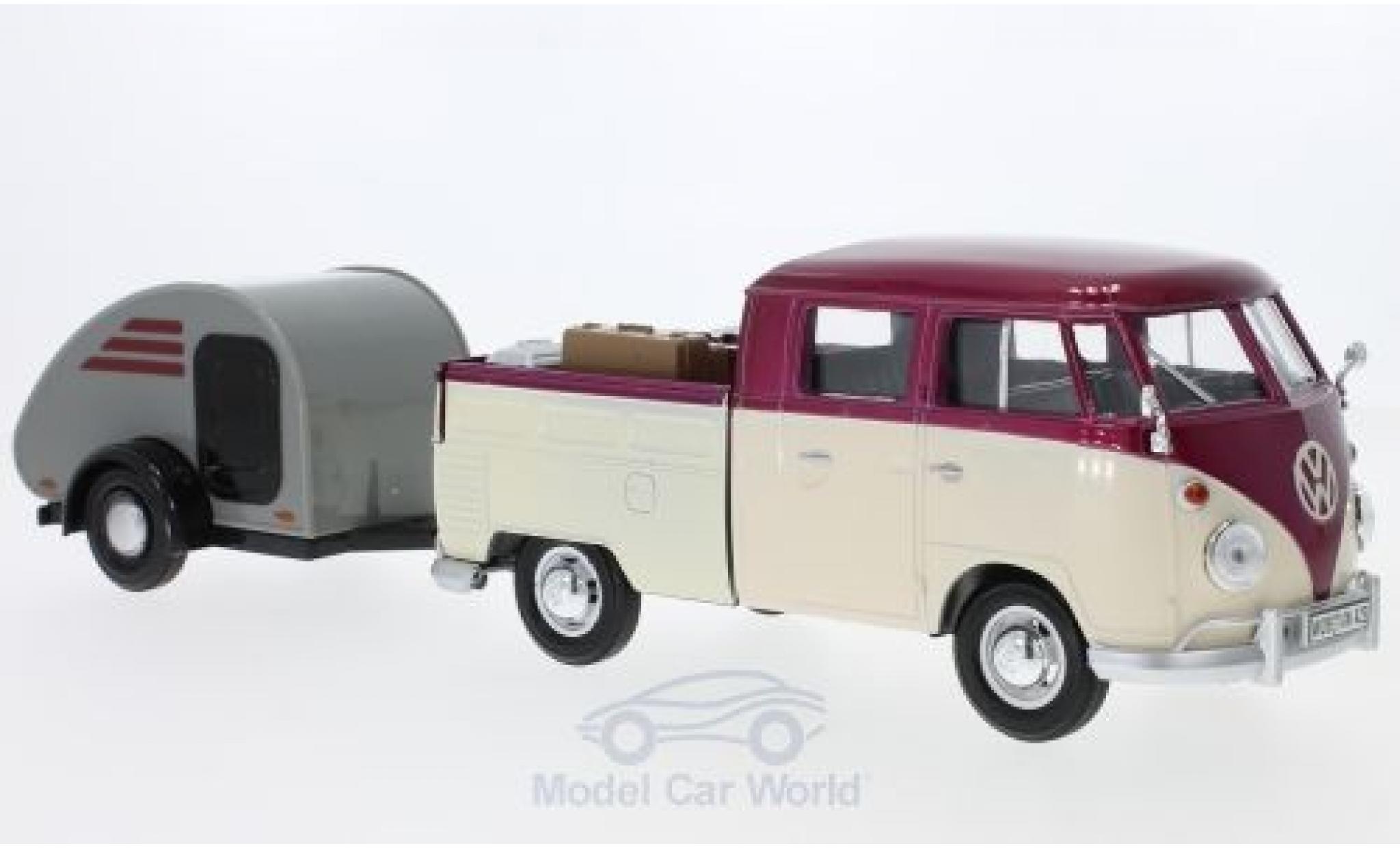 Volkswagen T1 B 1/24 Motormax Doppelkabine metallico rosso/beige mit Surfboard und Teardrop-Anhänger modellino in miniatura