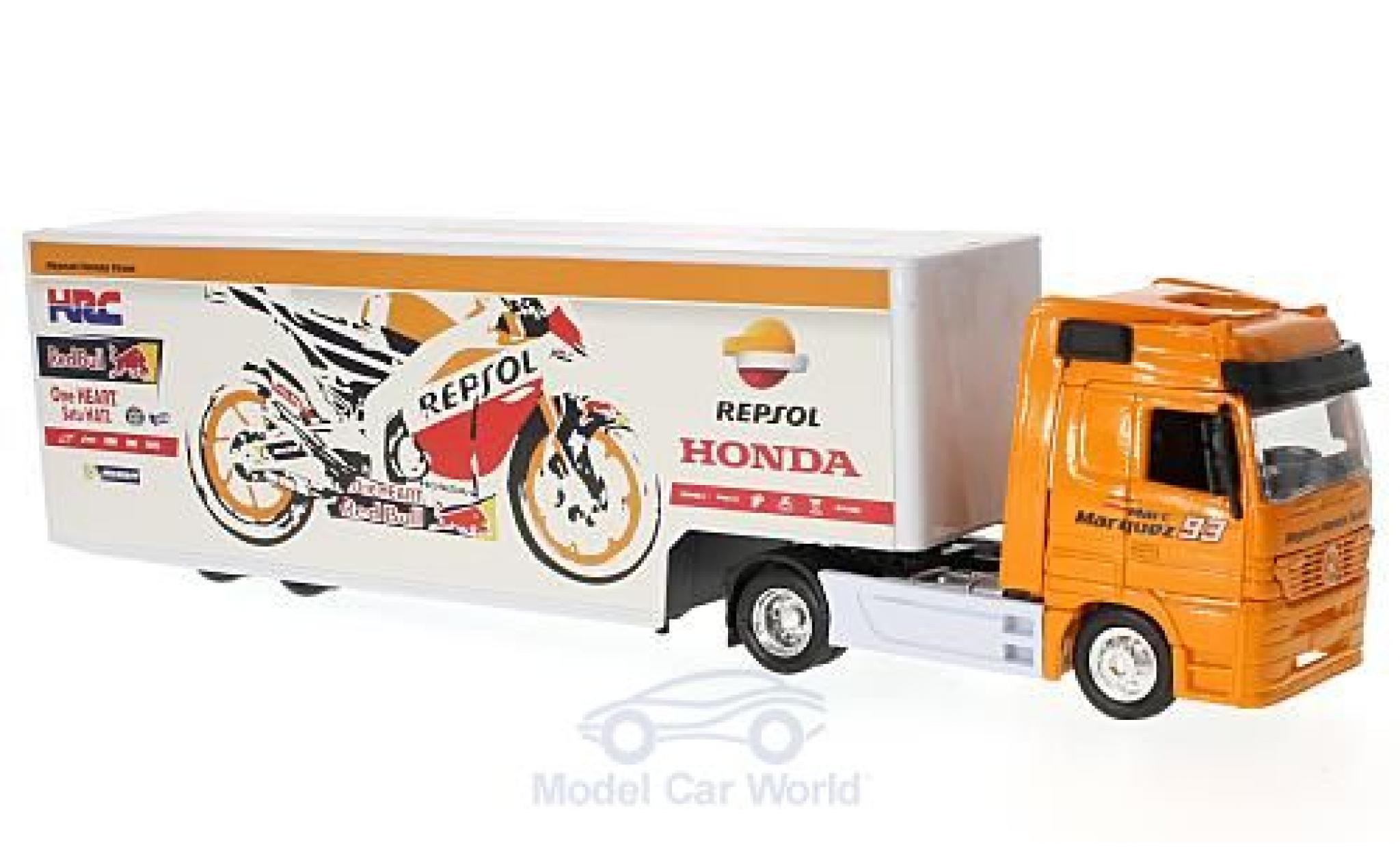 Mercedes Actros 1/43 New Ray Repsol Honda Team mit Kastenauflieger modellino in miniatura