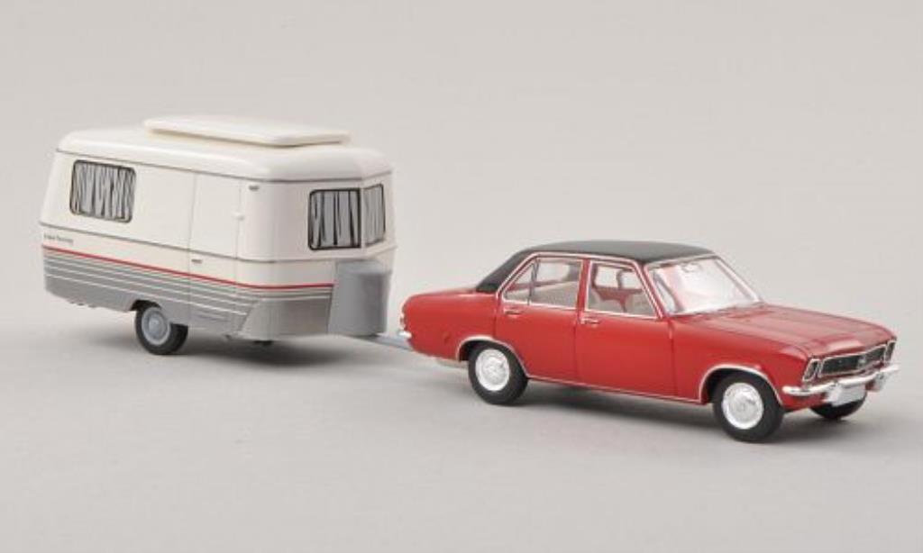 Opel Ascona A 1/87 Brekina A rosso/nero mit Eriba Wohnwagen modellino in miniatura