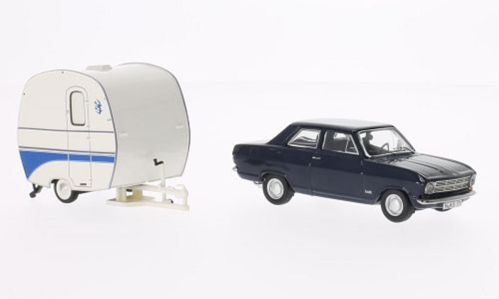 Opel Kadett B 1/43 Schuco B blu 2-Turer mit Knaus Schwalbennest Wohnanhanger modellino in miniatura