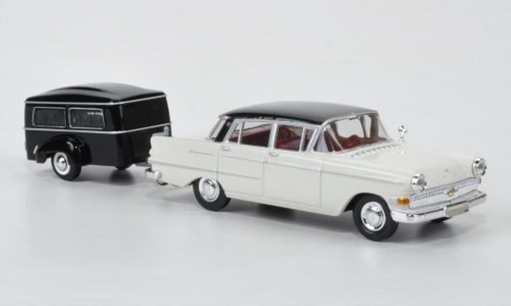 Opel Kapitan 1/87 Brekina P2.6 bianco/nero mit Westfalia Bestattungsanhanger modellino in miniatura