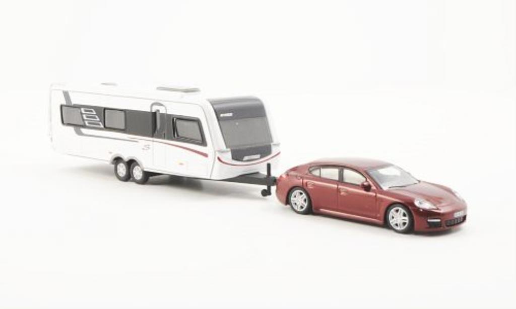 Porsche Panamera 1/87 Schuco rosso mit Hymer Nova S690 Wohnanhanger modellino in miniatura