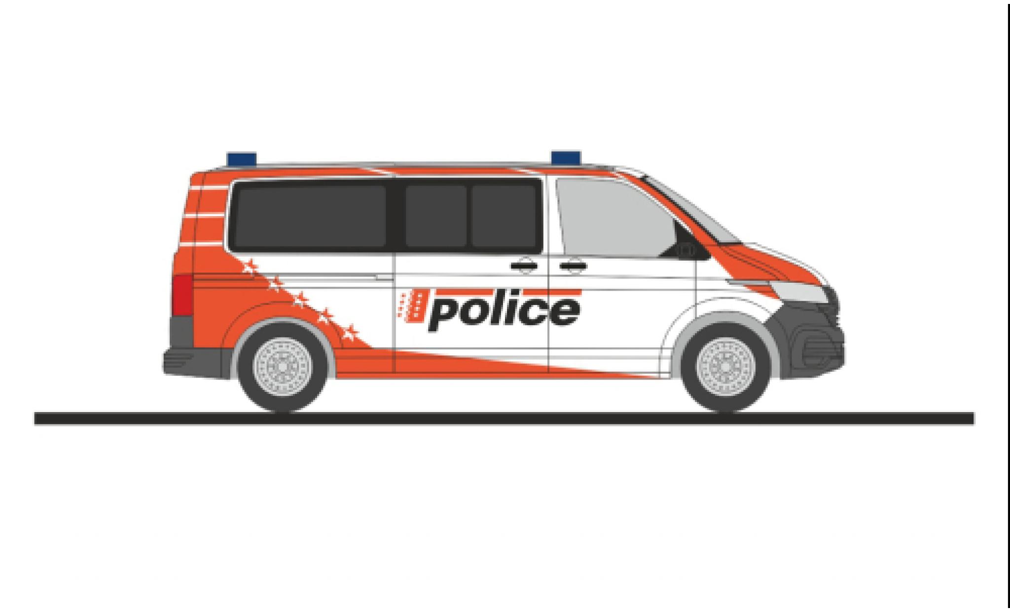 Volkswagen T6 1/87 Rietze .1 bus police Wallis (CH) modellino in miniatura