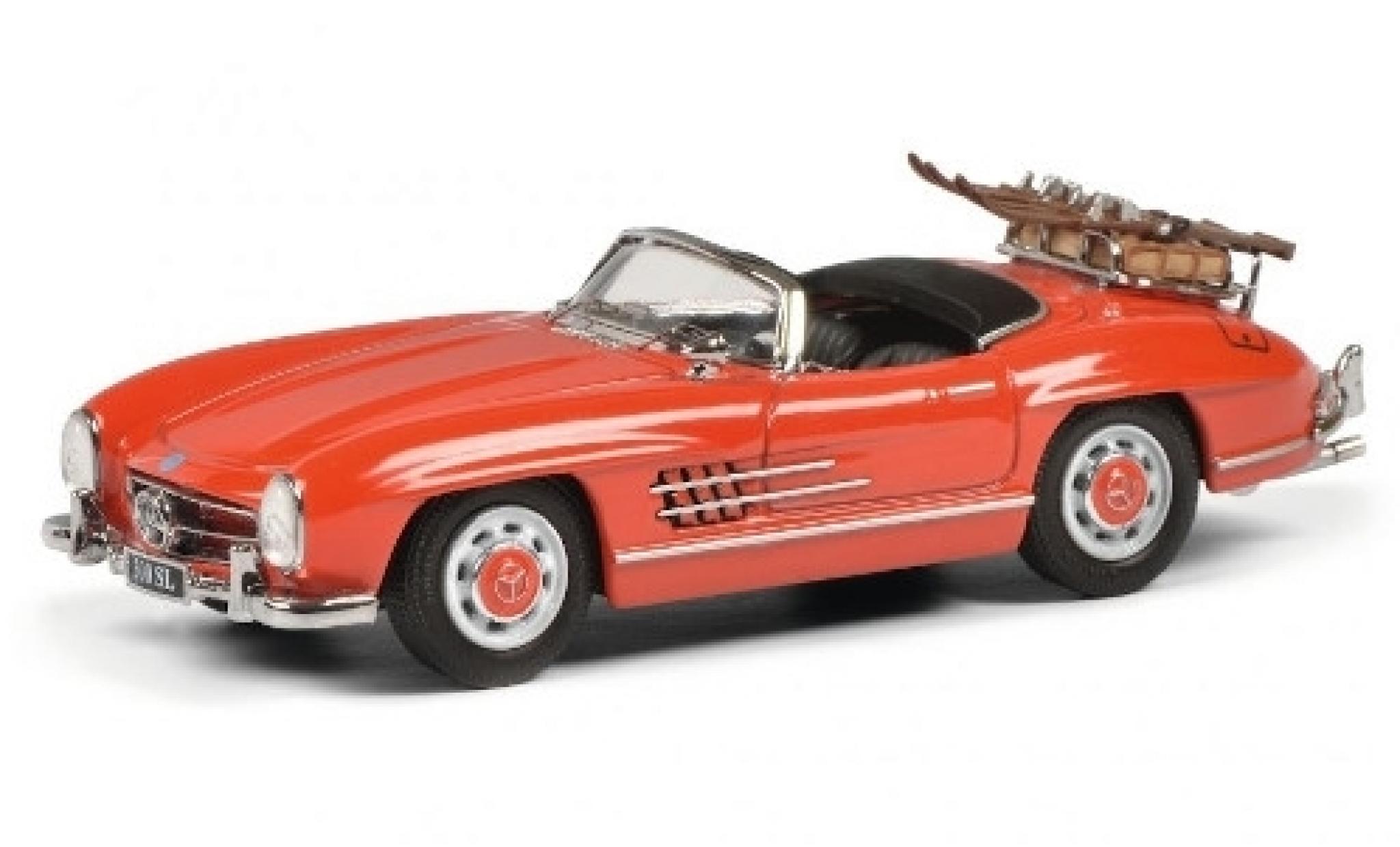 Mercedes 300 1/43 Schuco SL Roadster (W198 II) rosso mit Skiträger und Ladegut modellino in miniatura