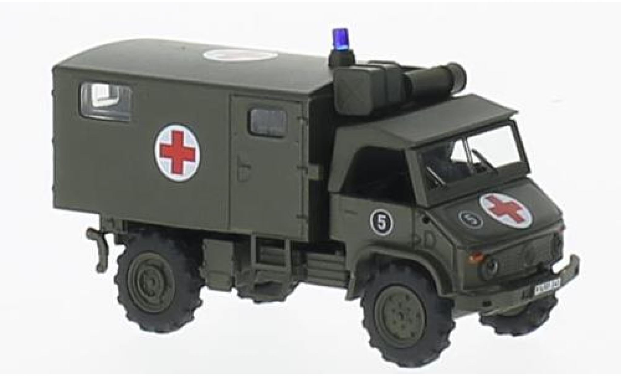 Mercedes Unimog 1/87 Schuco S404 Sanka oliv Bundeswehr modellino in miniatura