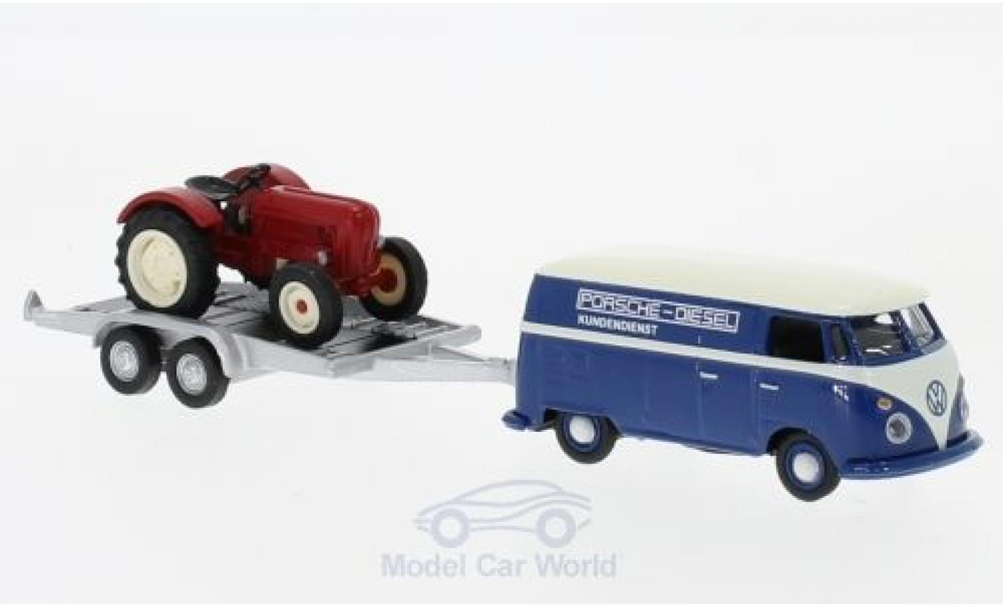 Volkswagen T1 A 1/87 Schuco c Kastenwagen mit Autoanhänger und Porsche Junior modellino in miniatura