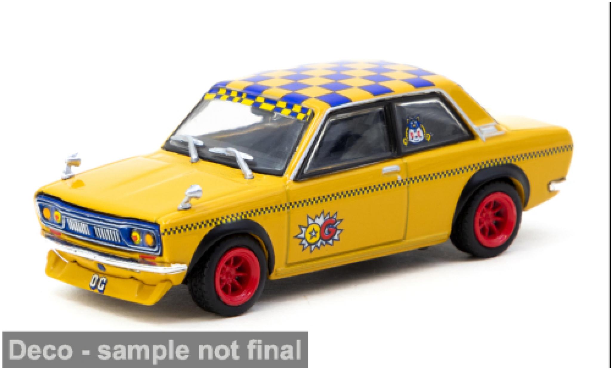 Datsun 510 1/64 Tarmac Works gelb/Dekor 1:64 modellino in miniatura