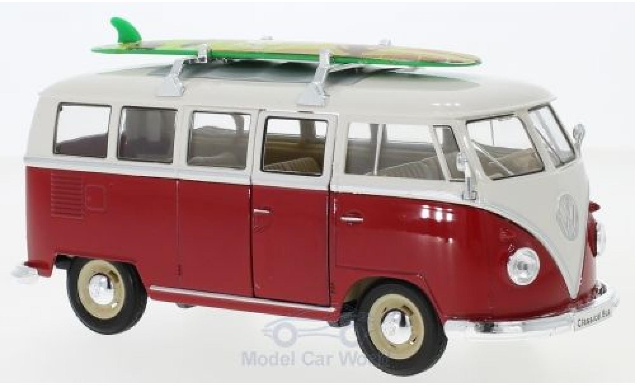 Volkswagen T1 1/24 Welly Bus rosso/bianco 1963 mit Dachgepäckträger und Surfboard modellino in miniatura