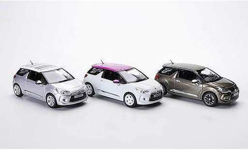 DS Automobiles DS3 Berline 1/43 Norev 3er-Set: bianco/Flower - grigio/Grafic Art e oliv/Falvio 2012 modellini auto