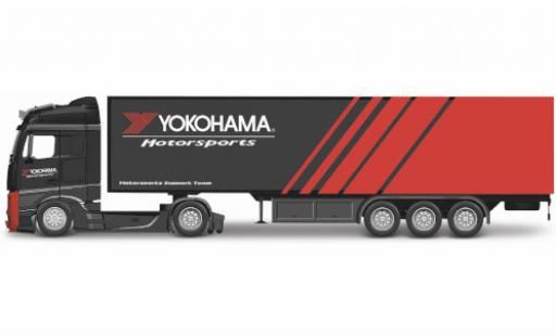 Mercedes Actros 1/43 Burago Gigaspace nero/rosso Yokohama Motorsports Koffersattelzug Motorsports Support Team modellino in miniatura