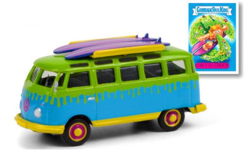 Volkswagen T1 1/64 Greenlight Samba blu/verde GPK - Garbage Pail Kids 1964 mit Surfboards auf Dachgepäckträger modellino in miniatura