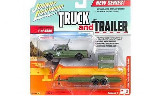 Ford F-250 1/64 Johnny Lightning oliv 2004 mit Flatbed Anhänger ohne Vitrine modellino in miniatura