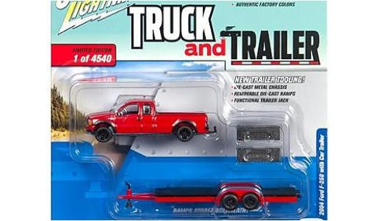 Ford F-250 1/64 Johnny Lightning rosso 2004 avec Flatbed remorque sans Vitrine modellino in miniatura