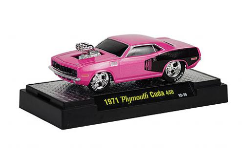 Plymouth Cuda 1/64 M2 Machines 440 Tuning lila/nero 1971 Ground Pounders modellino in miniatura