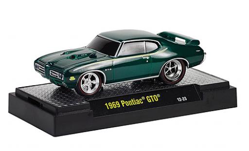 Pontiac GTO 1/64 M2 Machines metallico verde 1969 Capot avec fonction Ground Pounders modellino in miniatura