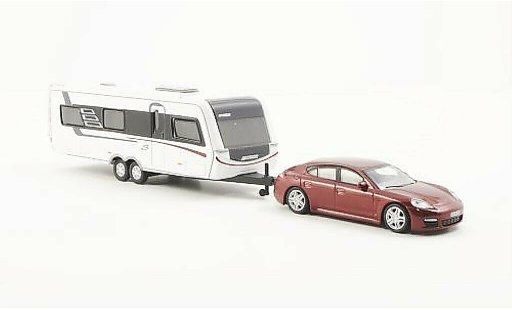 Porsche Panamera Base 1/87 Schuco rosso con Hymer Nova S690 Wohnanhanger modellini auto