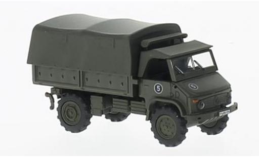 Mercedes Unimog 1/87 Schuco S404 oliv Bundeswehr plateforme-toile modellino in miniatura
