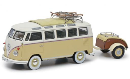 Volkswagen T1 1/43 Schuco Samba beige/bianco Wintersport mit Westfalia Anhänger und Dachgepäckträger modellino in miniatura