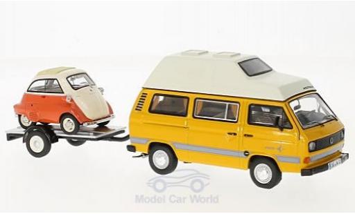Volkswagen T3 1/43 Schuco Westfalia Joker giallo/orange mit Anhänger und Bmw Isetta modellino in miniatura
