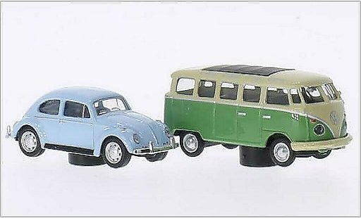 Volkswagen Kafer Base 1/87 Schuco blu + T1 Samba verde/beige modellini auto